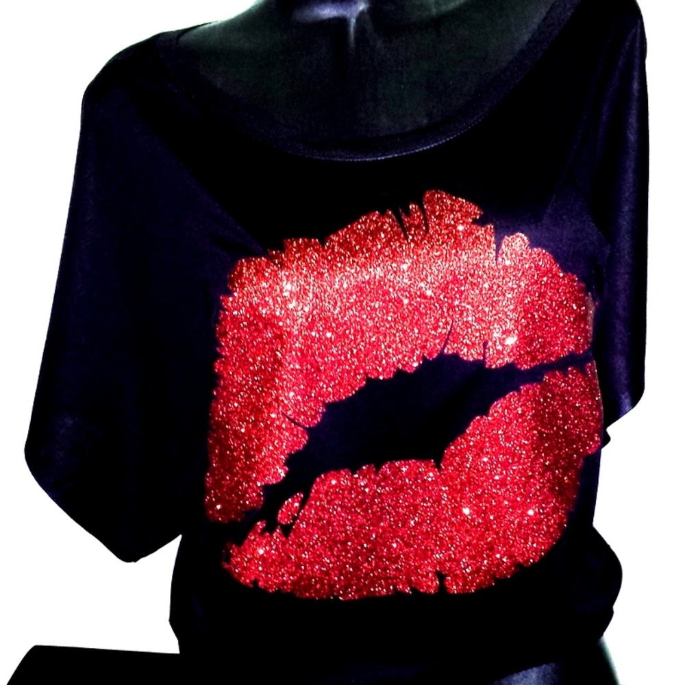 Sexy Red Lip! On a Black Slouchy Top.